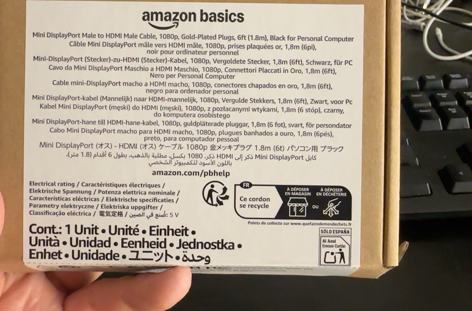 購入したMini DisplayPort-HDMIケーブル(Amazon Basics製)のパッケージ